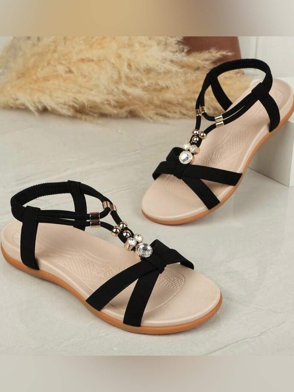 SHEIN Black T-Strap Gem Accent Women's Sandals